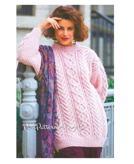 Vintage Sweater Knitting Pattern Womens Textured Diamonds Cables Long Tunic Pullover Jumper PDF Instant Digital Download 12 Ply