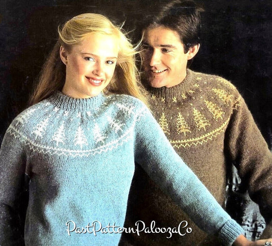Vintage Knitting Sweater Pattern His Hers Nordic Pine Tree Yoke Fair PDF Instant Digital Download Fairisle Pullover Jumper DK