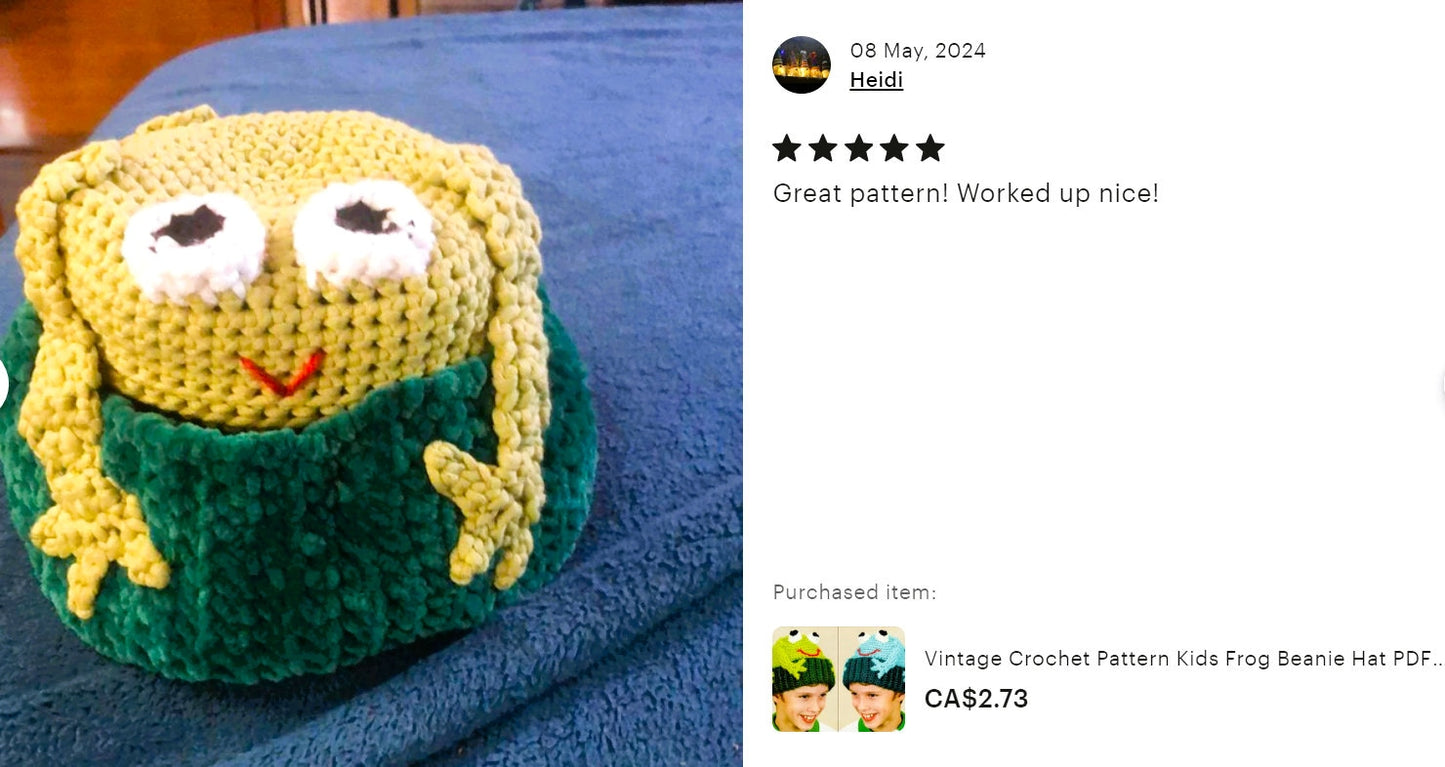 Vintage Crochet Pattern Kids Frog Beanie Hat PDF Instant Digital Download Fun Novelty Crochet Animal Hat 4 Ply