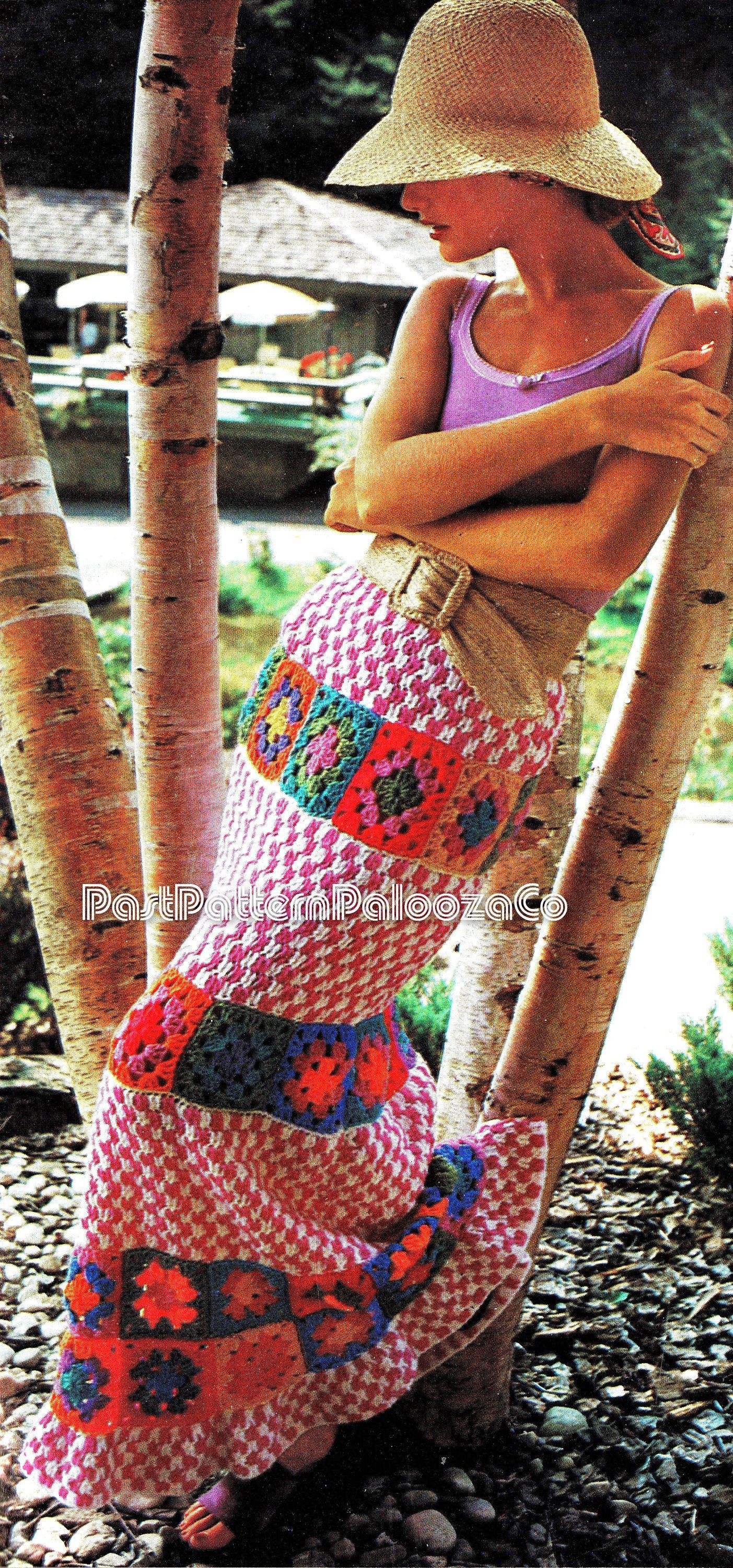 Vintage Crochet Pattern Womens Gingham & Grannies Maxi Skirt Long Granny Square Ruffle Hem PDF Instant Digital Download Boho Retro 10 Ply