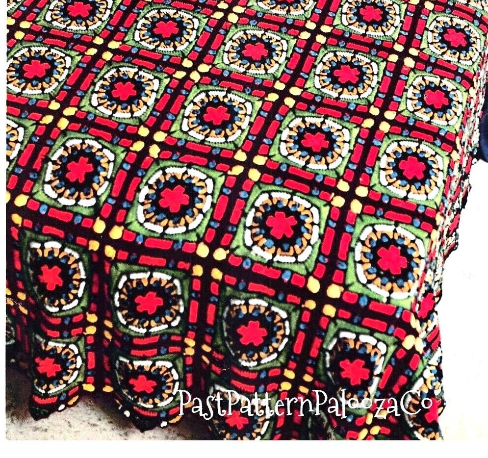 Vintage Crochet Pattern Medieval Art Stained Glass Granny Square Bedspread Afghan PDF Instant Digital Download Groovy Regal Throw Blanket