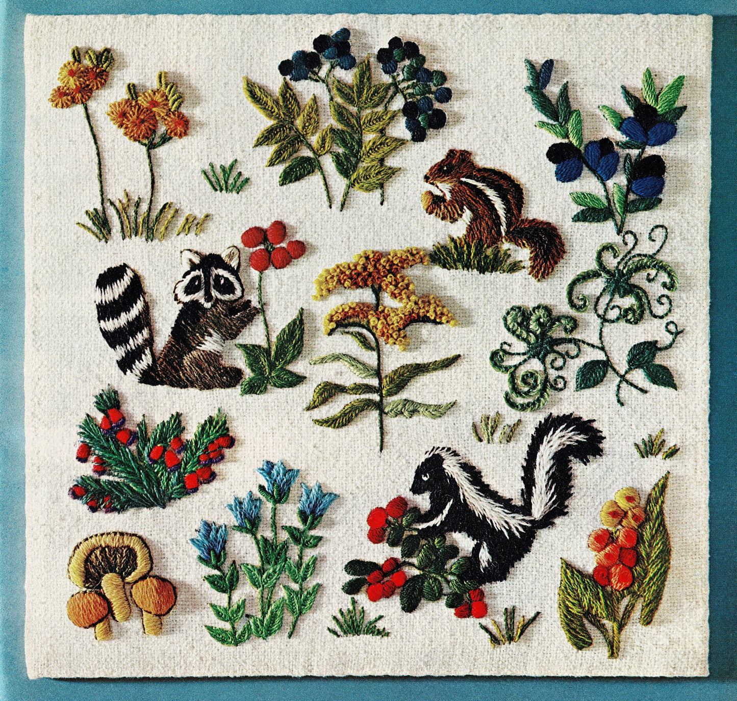 Vintage Crewel Embroidery Pattern Woodland Animals Berries Flower Blossoms Forest Friends Stitchery PDF Instant Digital Download