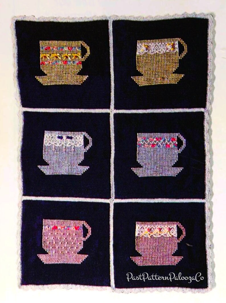 Vintage Crochet Afghan Tea Cups Tea Time Pattern PDF Instant Digital Download Tunisian Teacups Cross Stitch Design 45x65 5 Ply