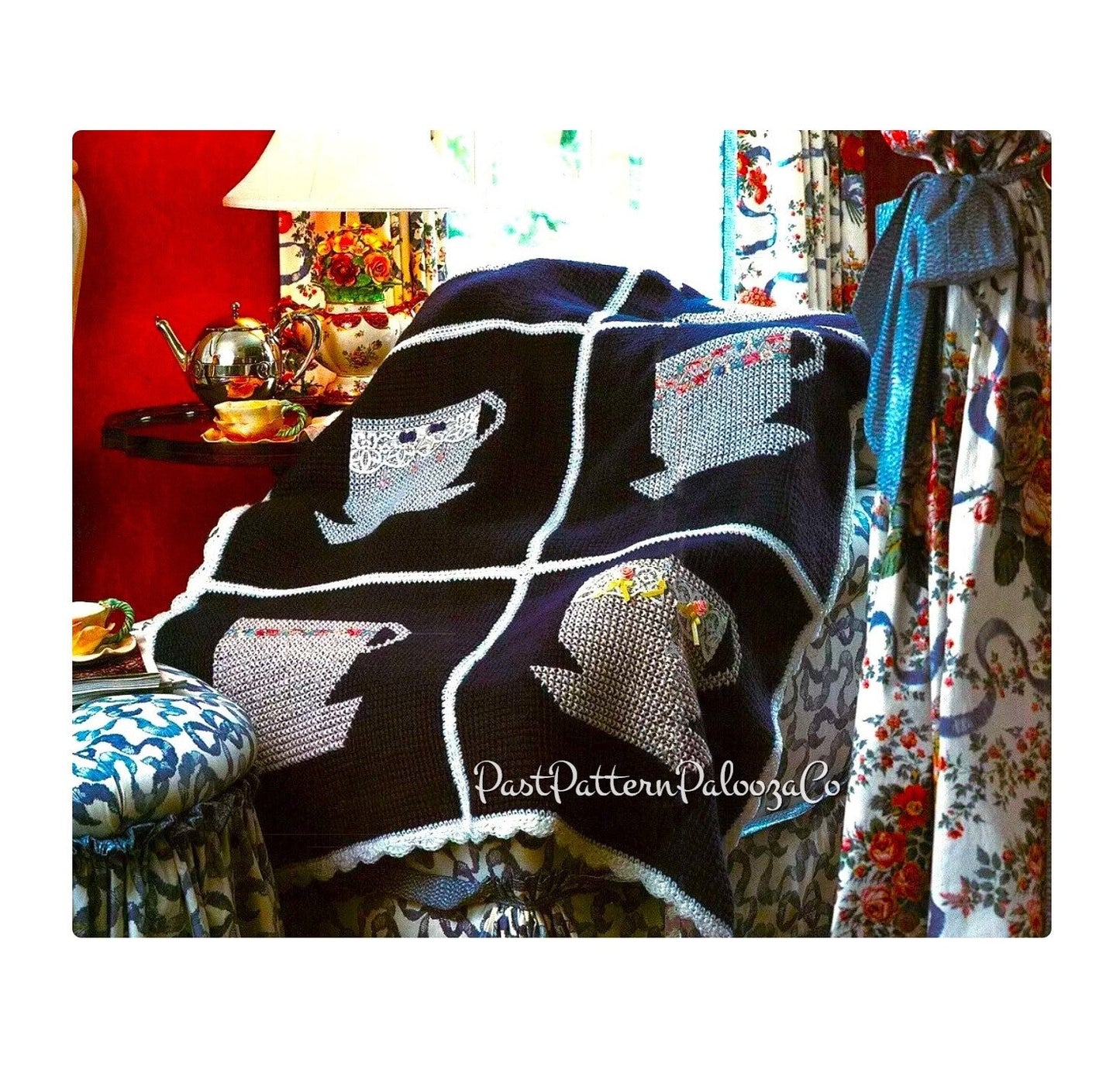 Vintage Crochet Afghan Tea Cups Tea Time Pattern PDF Instant Digital Download Tunisian Teacups Cross Stitch Design 45x65 5 Ply