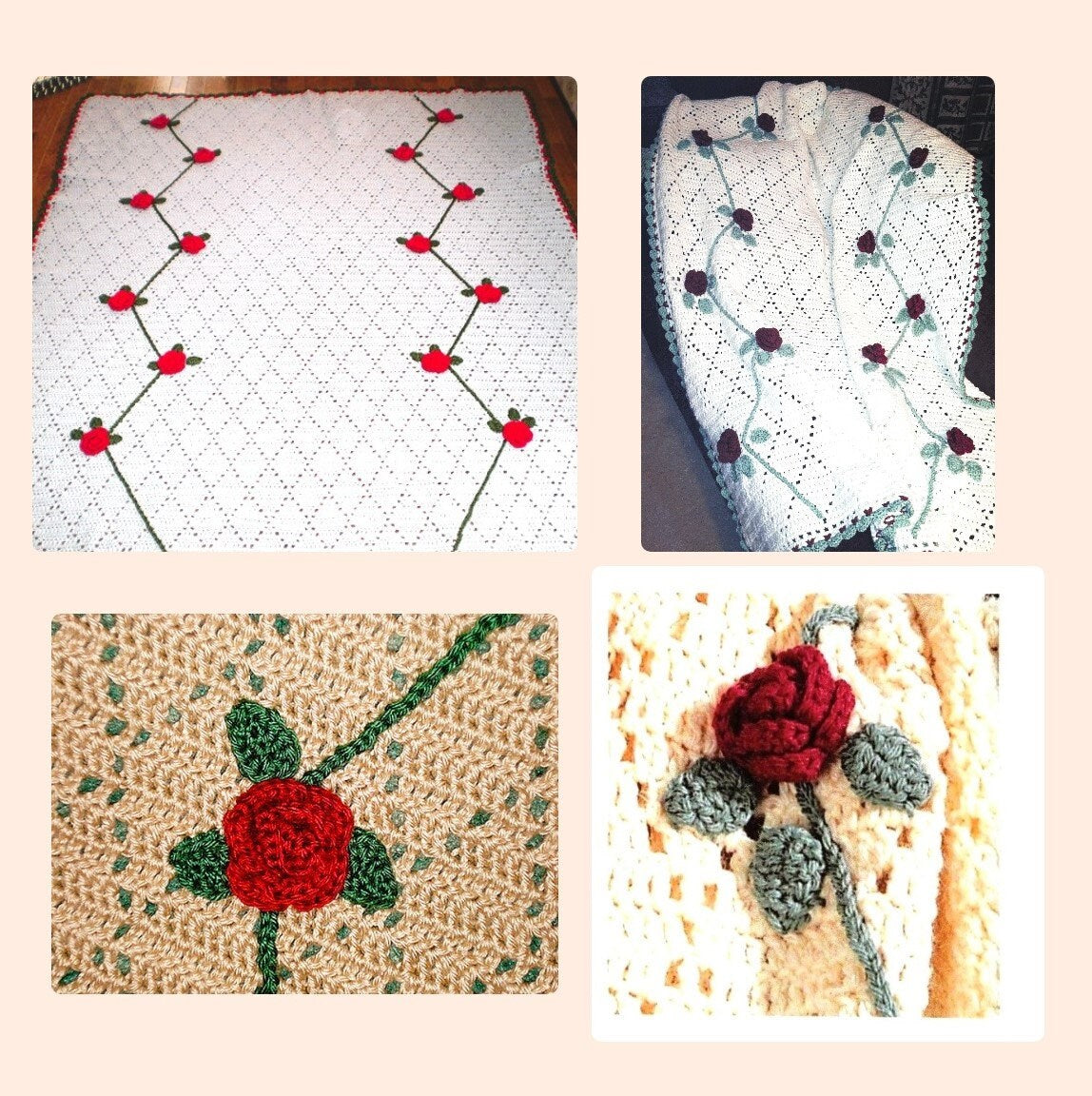 Vintage Crochet Pattern Victorian Reaching Roses Eyelet Diamonds Afghan PDF Instant Digital Download Floral Rose Blanket Throw 10 Ply