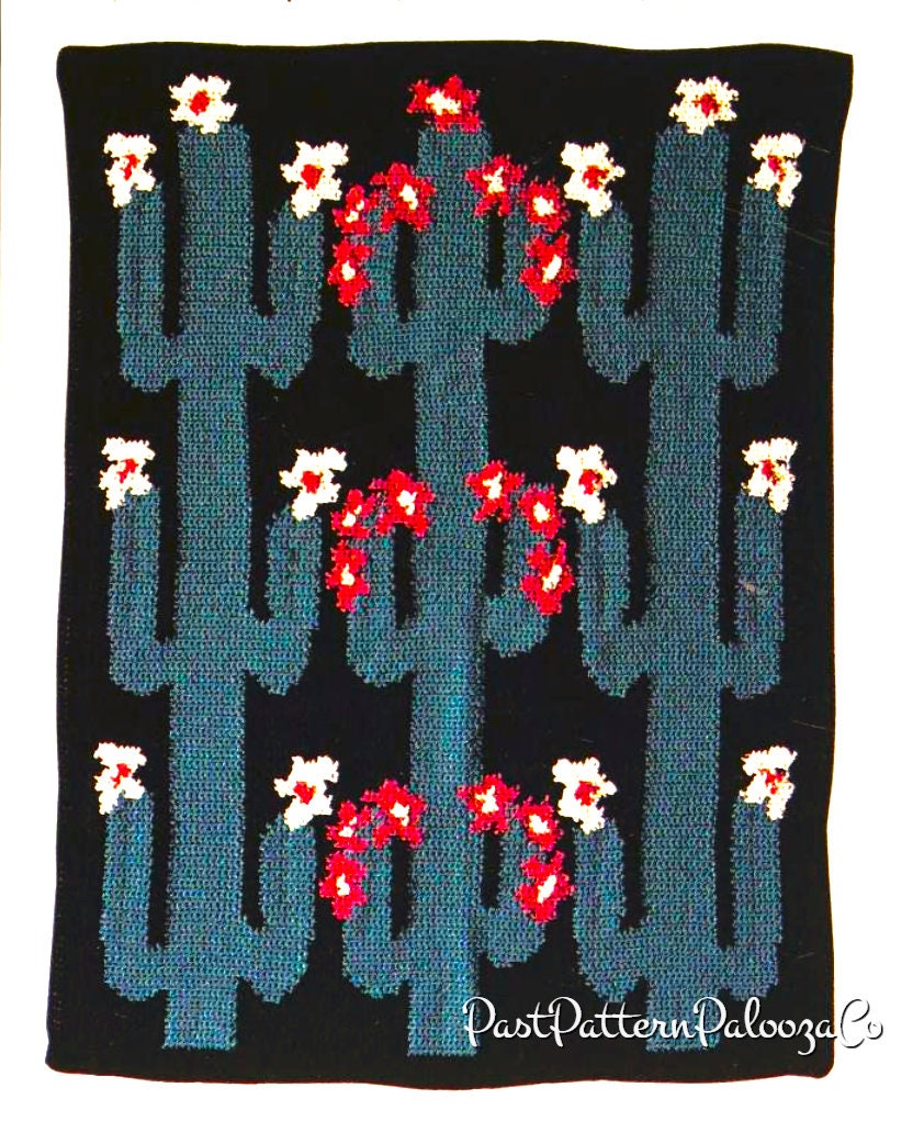 Vintage Crochet Pattern Blooming Cactus Flowers Afghan PDF Instant Digital Download Floral Night Blooms Desert Plant Blanket Throw 12 Ply