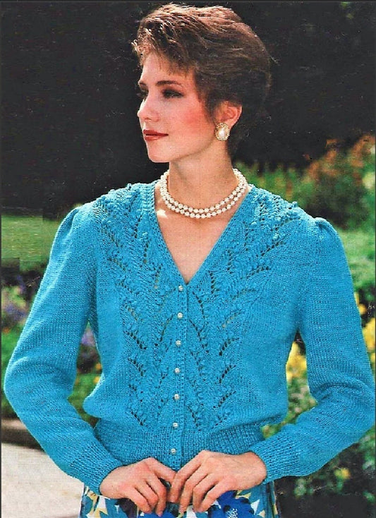 Vintage Knitting Pattern Womens Lacy Feather & Fan V Neck Cardigan Sweater PDF Instant Digital Download Ladies DK 8 Ply Jumper M L XL