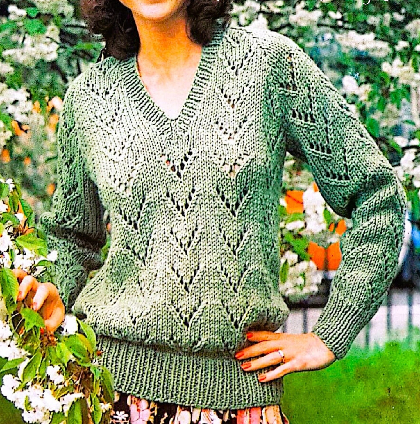 Vintage Knitting Pattern Womens Lacy Eyelet V Neck Sweater PDF Instant Digital Download Ladies Pullover Jumper 12 Ply