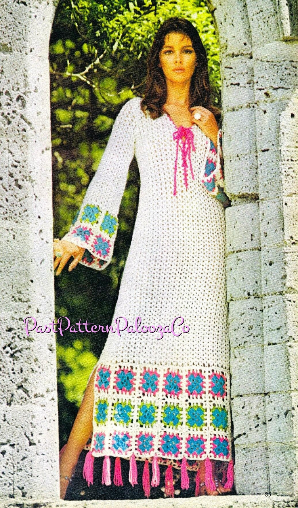 Vintage Crochet Pattern Womens Romantic Medieval Maxi Gown Granny Squares Trim Dress Retro Guinevere Tunic PDF Instant Digital Download