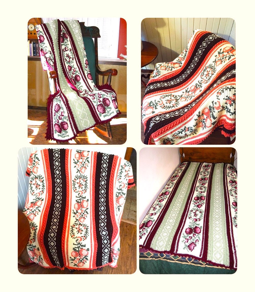 Vintage Crochet Afghan Pattern Autumn Bounty Harvest Glow Blanket Tunisian Stitch PDF Instant Digital Download Fruit Motif Design 10 Ply