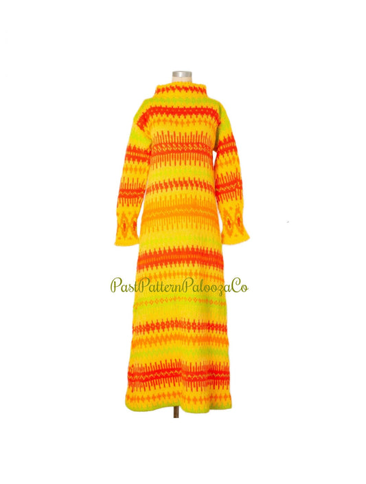 Vintage Knitting Pattern Womens Maxi Sweater Tube Dress PDF Instant Digital Download  Retro 70s Fireside Jacquard Gown