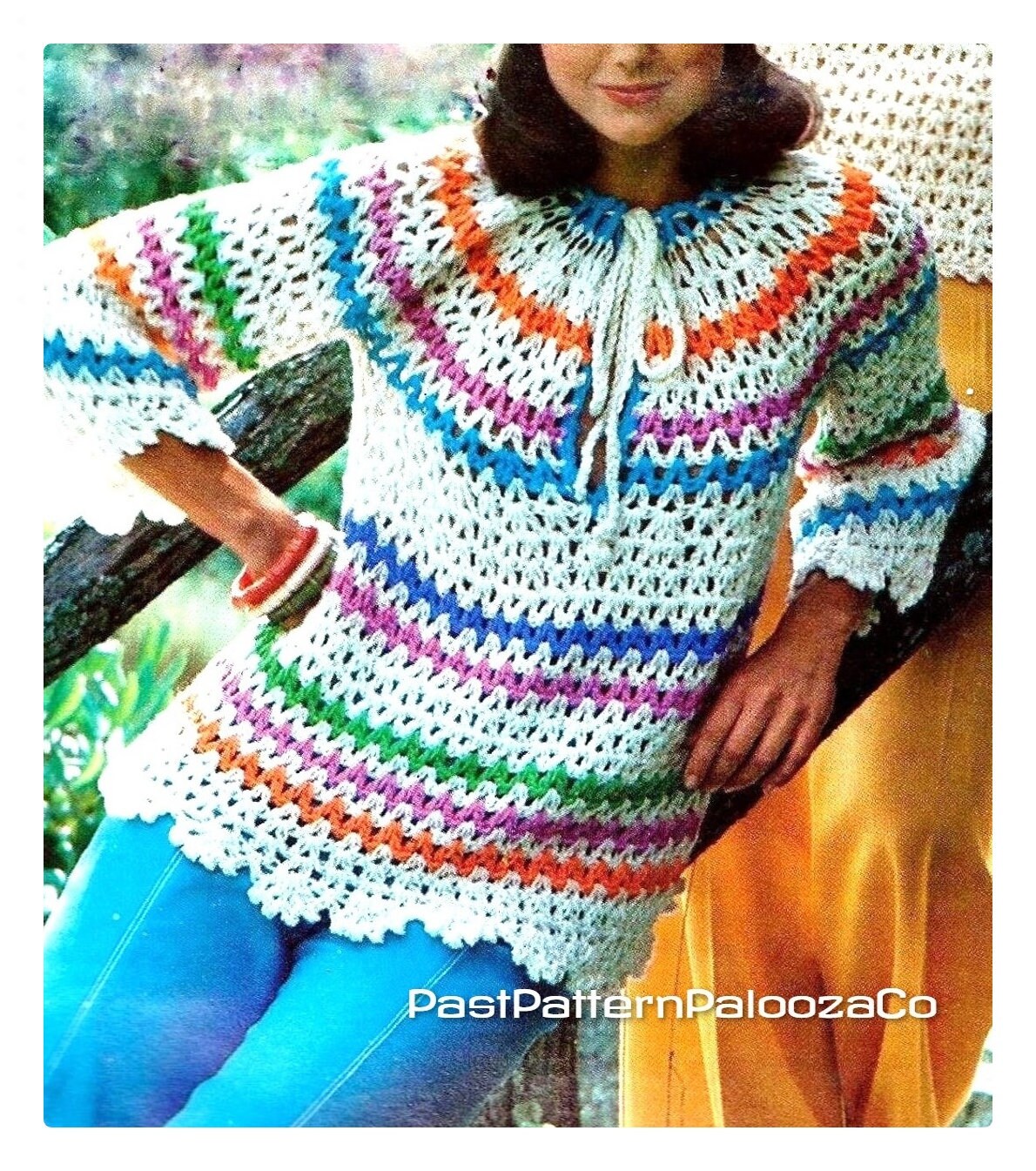 Vintage Crochet Pattern Womens Rainbow Stripe Smock Top PDF Instant Digital Download Lacy Retro Blouse Drawstring Neck 10 Ply
