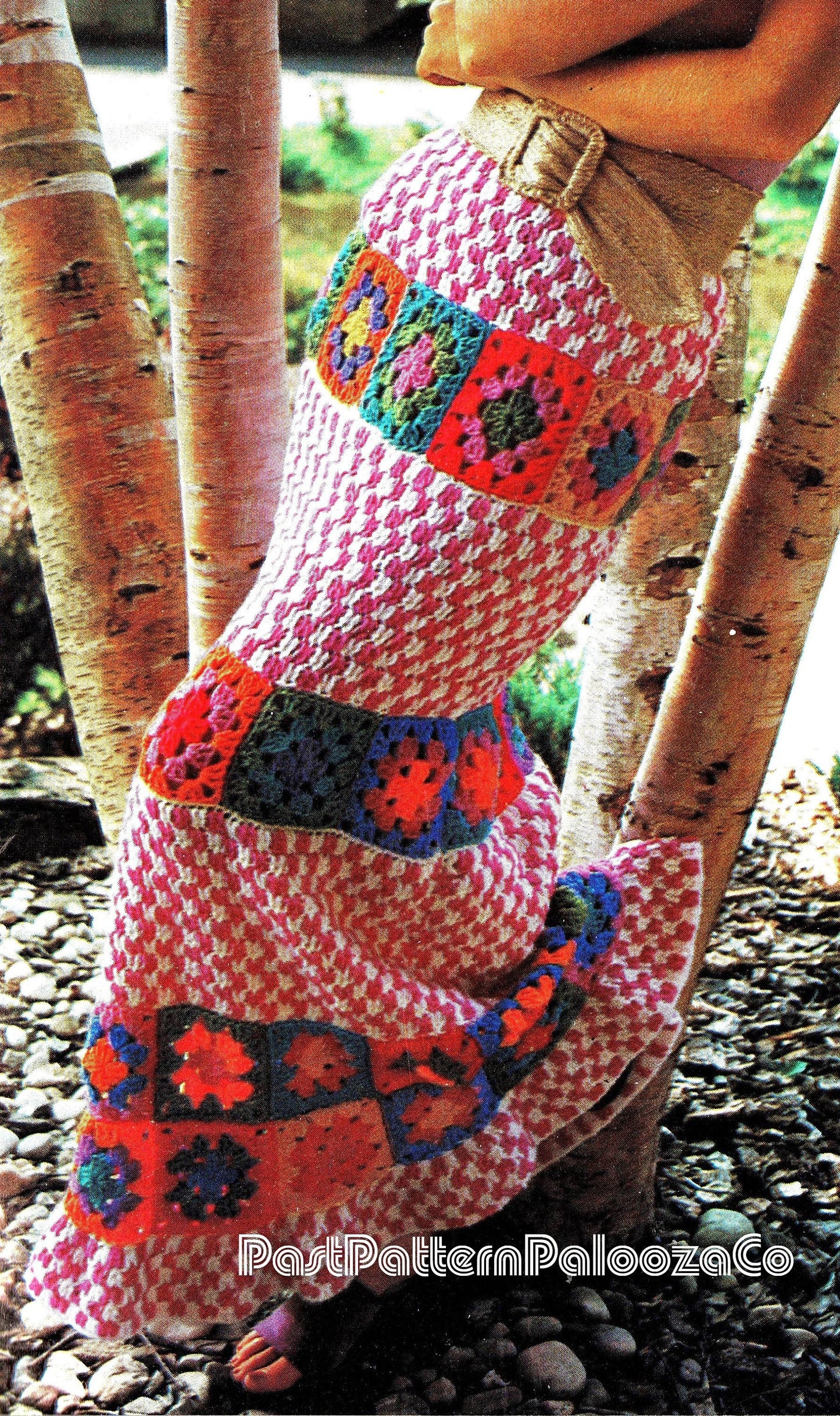 Vintage Crochet Pattern Womens Gingham & Grannies Maxi Skirt Long Granny Square Ruffle Hem PDF Instant Digital Download Boho Retro 10 Ply