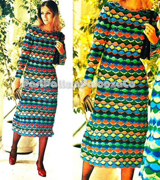 Vintage Crochet Pattern Womens Mosaic Midi Dress PDF Instant Digital Download Retro Rainbow Shells Cocktail Gown '70s Glam Maxi Midi or Mini