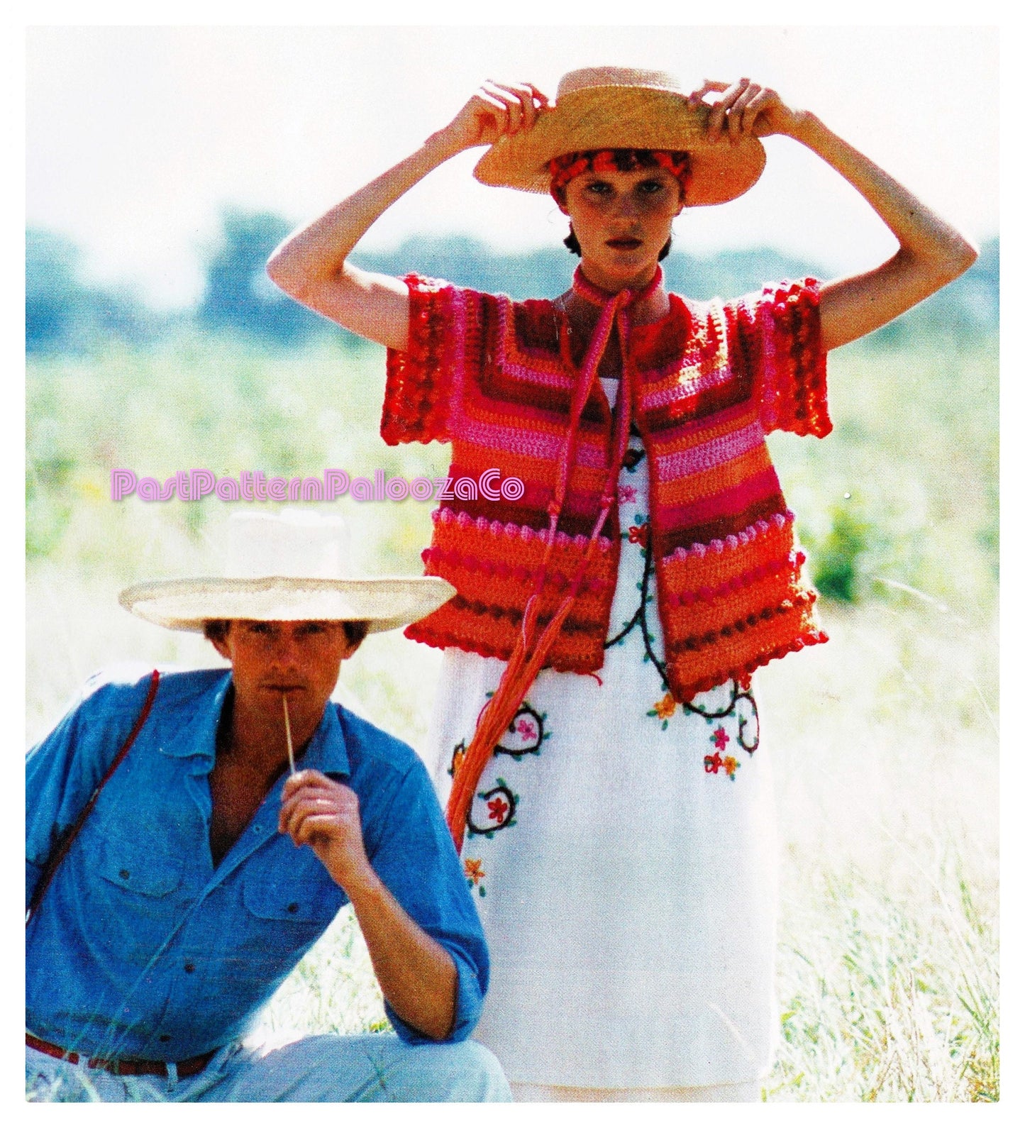 Vintage Crochet Pattern Womens Fiesta Striped Jacket Tunic Peruvian Top with Necktie Belt PDF Instant Digital Download Retro 70s Boho Summer