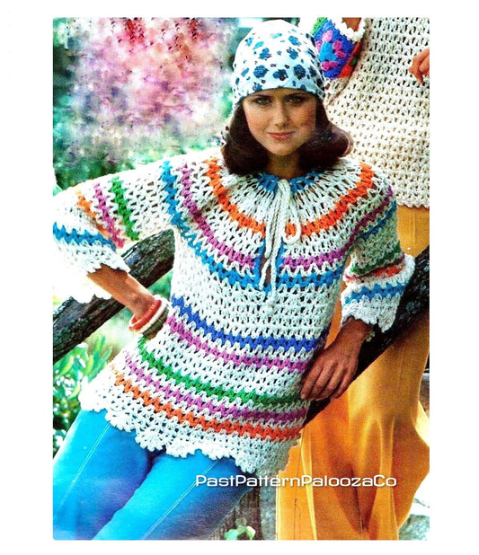 Vintage Crochet Pattern Womens Rainbow Stripe Smock Top PDF Instant Digital Download Lacy Retro Blouse Drawstring Neck 10 Ply