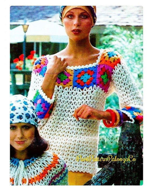 Vintage Crochet Pattern Womens Lacy Granny Square Blouse Top PDF Instant Digital Download Retro Motif Trimmed Yoke 10 Ply