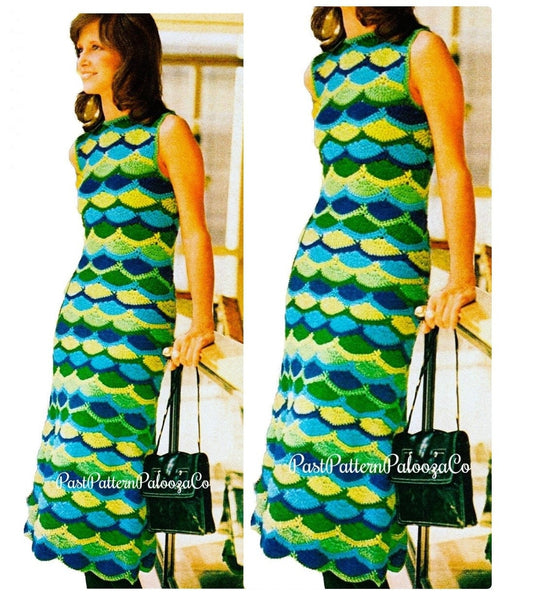 Vintage Crochet Pattern Womens Mermaid Midi Tank Dress PDF Instant Digital Download Retro Stunning Shells Scales Gown '70s Maxi Midi or Mini