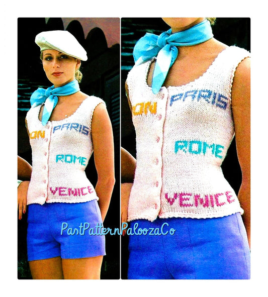 Vintage Knitting Pattern Womens Retro City Name Top Paris London Rome Venice Vest PDF Instant Digital Download 1970s Summer Tank Cardi