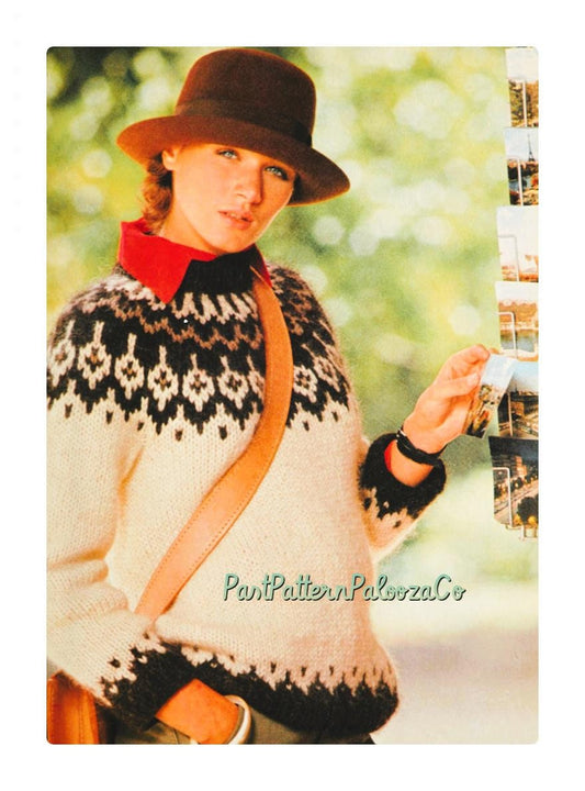 Vintage Knitting Pattern Womens Traditional Nordic Icelandic Sweater Fair Isle Yoke Pullover Jumper PDF Instant Digital Download Chunky Yarn