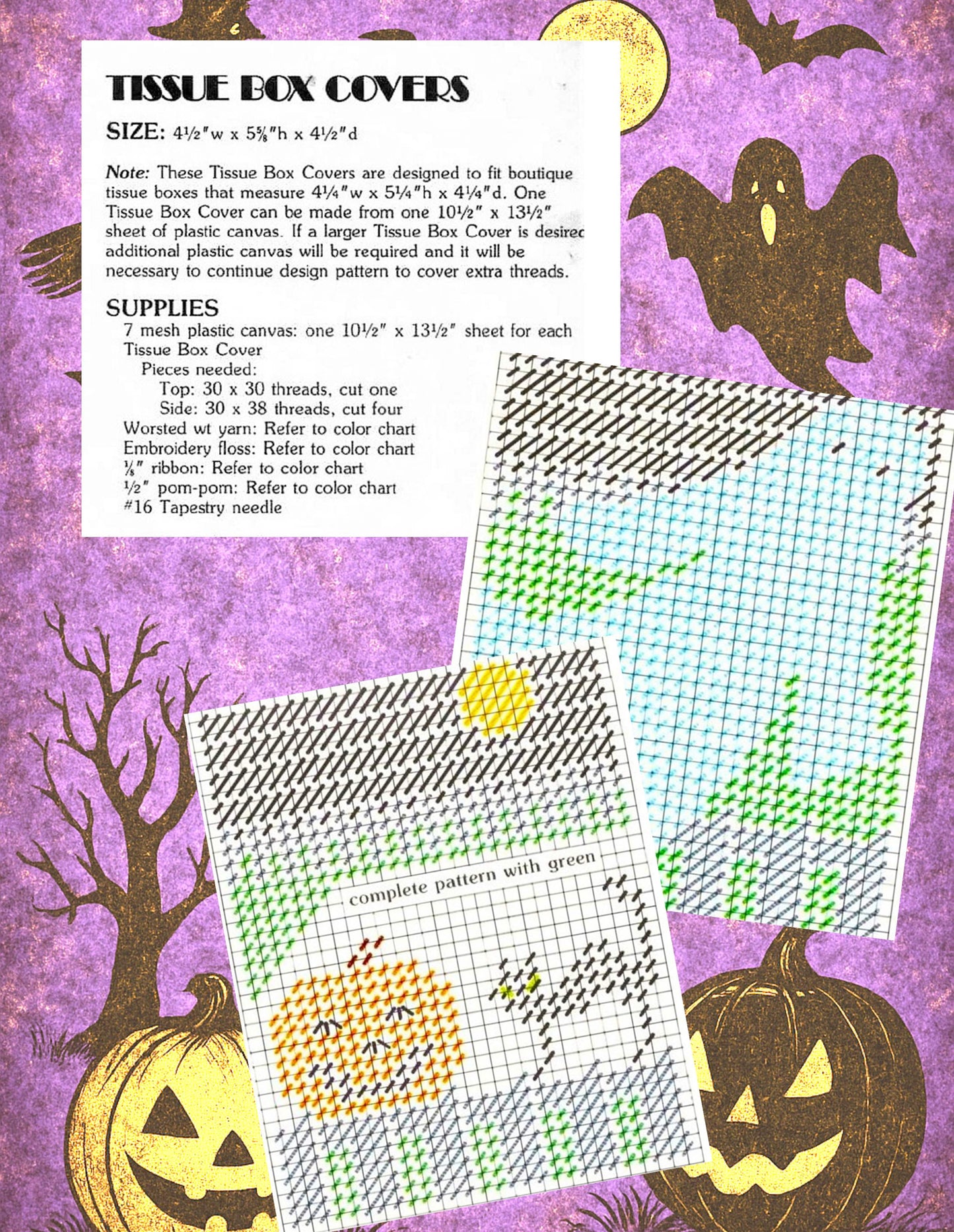 Vintage Plastic Canvas Halloween Tissue Box Cover Pattern Spooky Holiday Tissue Topper PDF Instant Digital Download Ghost Pumpkin Black Cat