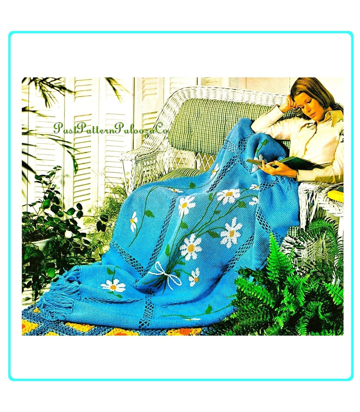 Vintage Crochet Afghan Pattern Daisies Flowers Blanket Tunisian Stitch PDF Instant Digital Download Embroidered Floral Motif Design
