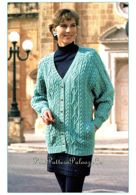 Vintage Knitting Pattern Womens Aran Style Cardigan V Neck Sweater PDF Instant Digital Download Diamonds and Cables 5 Ply