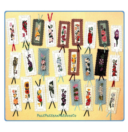 Vintage Cross Stitch Patterns 26 Flower Bookmarks PDF Instant Digital Download Pretty Lace Edged Floral Alphabet Book Marks