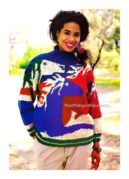 Vintage Knitting Pattern Wild Horses Sweater Animal Novelty Jumper PDF Instant Digital Download Mens Womens Adult Pony Pullover