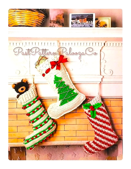 Vintage Crochet Patterns 14" Keepsake Christmas Stockings Candy Cane Stripes Tree Popcorn Stitch PDF Instant Digital Download 10 Ply