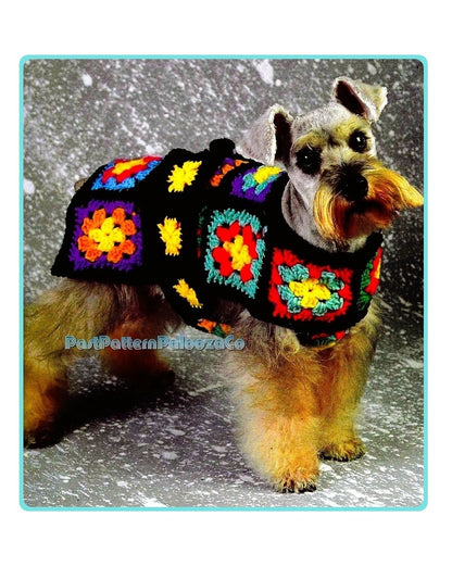 Vintage Crochet Pattern Small Breed Dog Coat Retro Groovy Granny Square Belted Puppy Sweater PDF Instant Download Fits Most Small Dogs