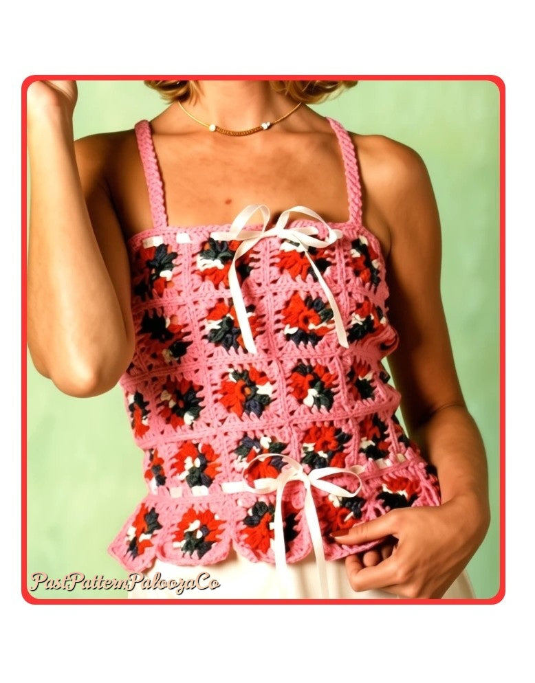 Vintage Crochet Pattern Mini Motifs Granny Square Camisole Top PDF Instant Digital Download Pastel Ribbons