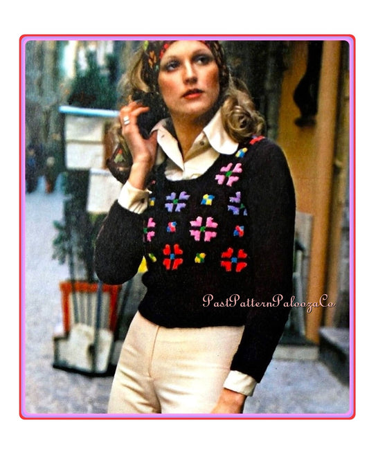 Vintage Knitting Pattern Womens Granny Square Pullover Top PDF Instant Digital Download Retro Medallion Motif Long Sleeve Sweater DK Yarn