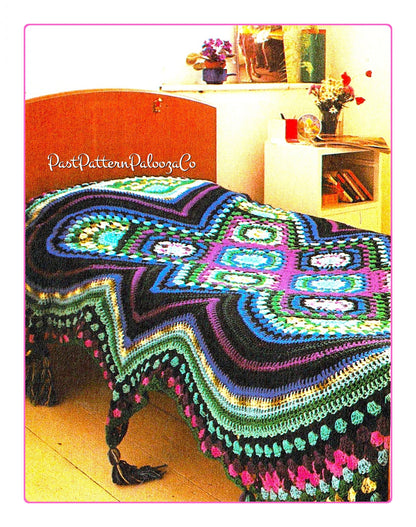 Vintage Crochet Pattern Fascinating Afghan Jewel Tones Granny Squares Bedspread PDF Instant Digital Download Boho Hippie Groovy Grannies