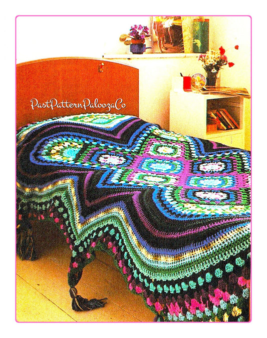 Vintage Crochet Pattern Fascinating Afghan Jewel Tones Granny Squares Bedspread PDF Instant Digital Download Boho Hippie Groovy Grannies