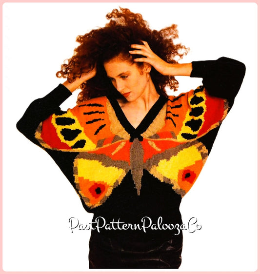 Vintage Knitting Pattern Womens V Shaped Butterfly Motif Sweater PDF Instant Digital Download Retro 80s Dolman Sleeved Pullover Jumper