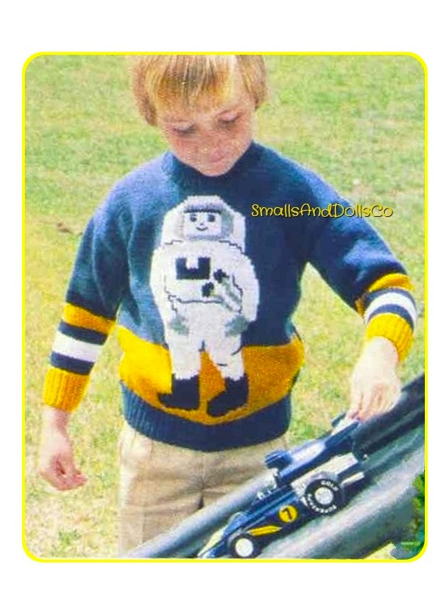 Vintage Knitting Pattern Kids Spaceman Astronaut Sweater PDF Instant Digital Download Toddler to Big Boy Outerspace Pullover 2-8 yrs DK