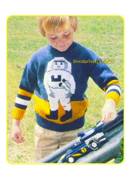 Vintage Knitting Pattern Kids Spaceman Astronaut Sweater PDF Instant Digital Download Toddler to Big Boy Outerspace Pullover 2-8 yrs DK