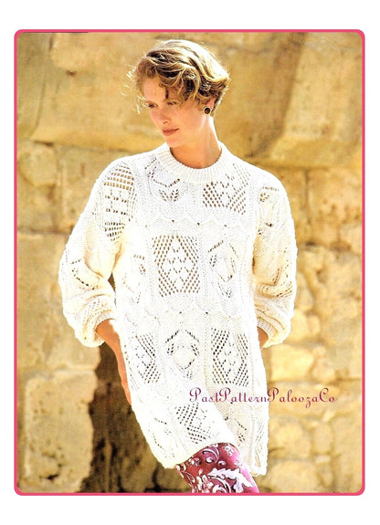 Vintage Knitting Pattern Womens Sampler Squares Sweater Lacy Paneled Openwork Tunic Long Loose PDF Instant Digital Download Cotton Jumper