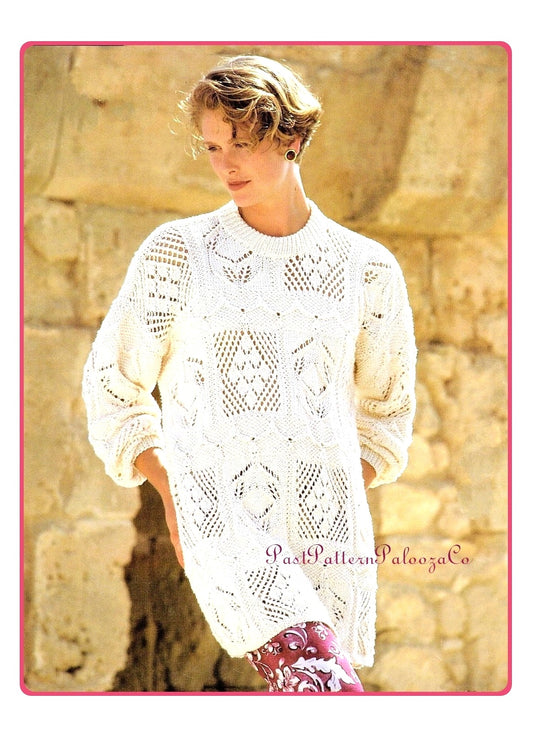 Vintage Knitting Pattern Womens Sampler Squares Sweater Lacy Paneled Openwork Tunic Long Loose PDF Instant Digital Download Cotton Jumper
