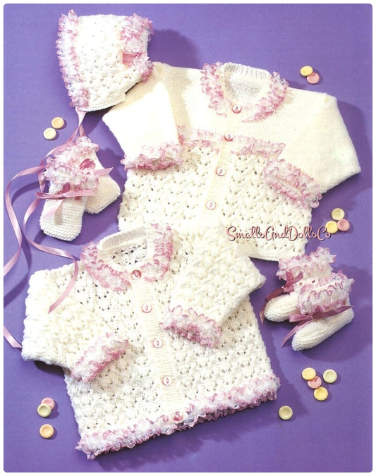 Vintage Knitting Pattern Baby Girl Fancy Frilly Ribbon Lace Trimmed Set Sweater Bonnet Booties Mitts PDF Instant Digital Download 0-4 yrs DK