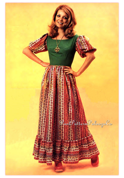 Vintage Sewing Pattern Womens Gypsy Prairie Peasant Maxi Dress Retro 70s PDF Instant Digital Download Groovy Long or Short Feminine Frock