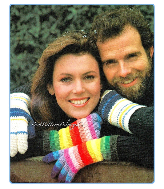 Vintage Crochet Pattern His Hers Striped Gloves PDF Instant Digital Download In the Round Rainbow Novelty Womens Mens Gloves