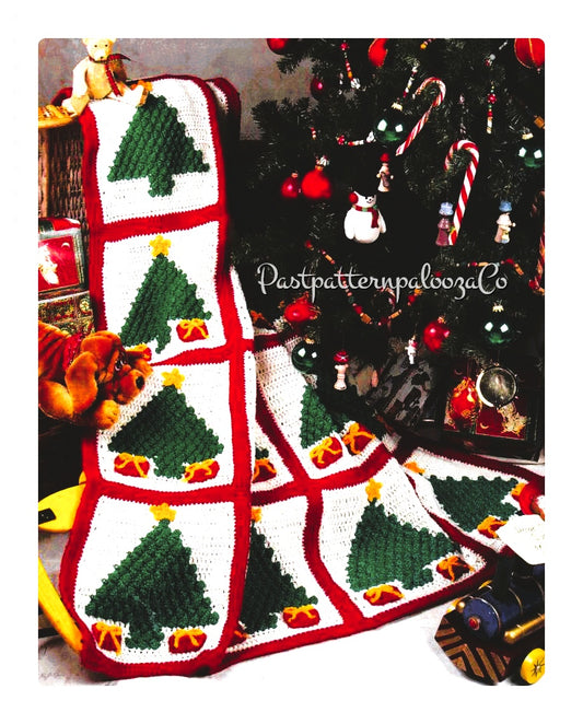 Vintage Crochet Pattern Popcorn Stitch Christmas Trees Afghan PDF Instant Digital Download Holiday Tree and Presents Square Motifs Blanket