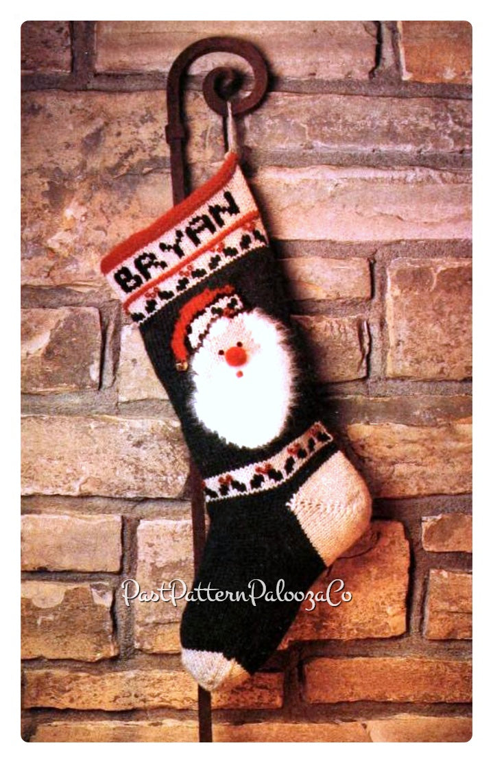 Vintage 19" Santa Face Christmas Stocking Knitting Pattern PDF Instant Digital Download Nostalgic Hanging Stocking Holly Trim Retro 1980s