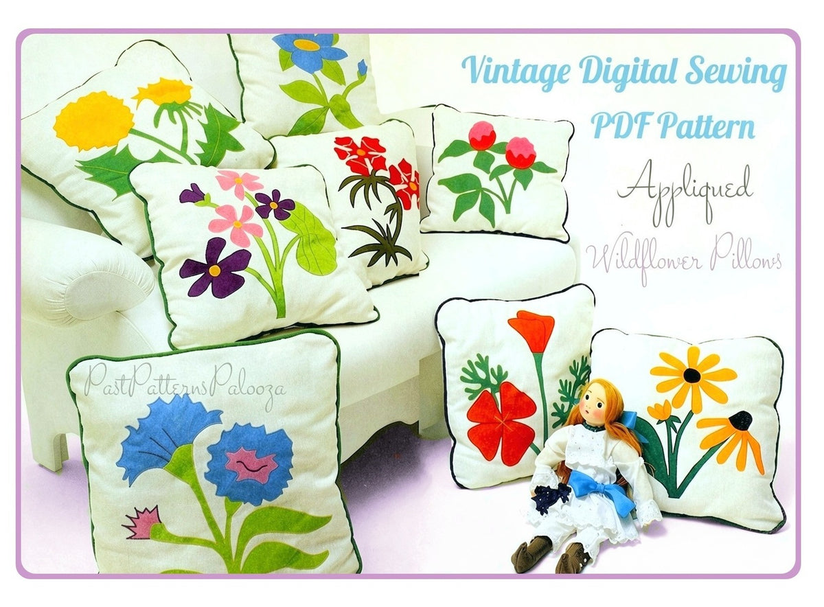 Vintage Sewing Pattern 20" Wildflower Applique Pillows 8 Floral Designs PDF Instant Digital Download