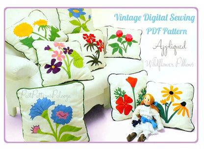 Vintage Sewing Pattern 20" Wildflower Applique Pillows 8 Floral Designs PDF Instant Digital Download