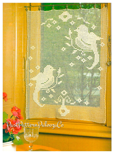 Vintage Filet Crochet Pattern Lace Songbird Birds Small Window Valance Panel Cafe Curtain PDF Instant Digital Download Birdie Motif Design