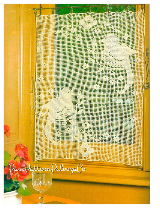 Vintage Filet Crochet Pattern Lace Songbird Birds Small Window Valance Panel Cafe Curtain PDF Instant Digital Download Birdie Motif Design