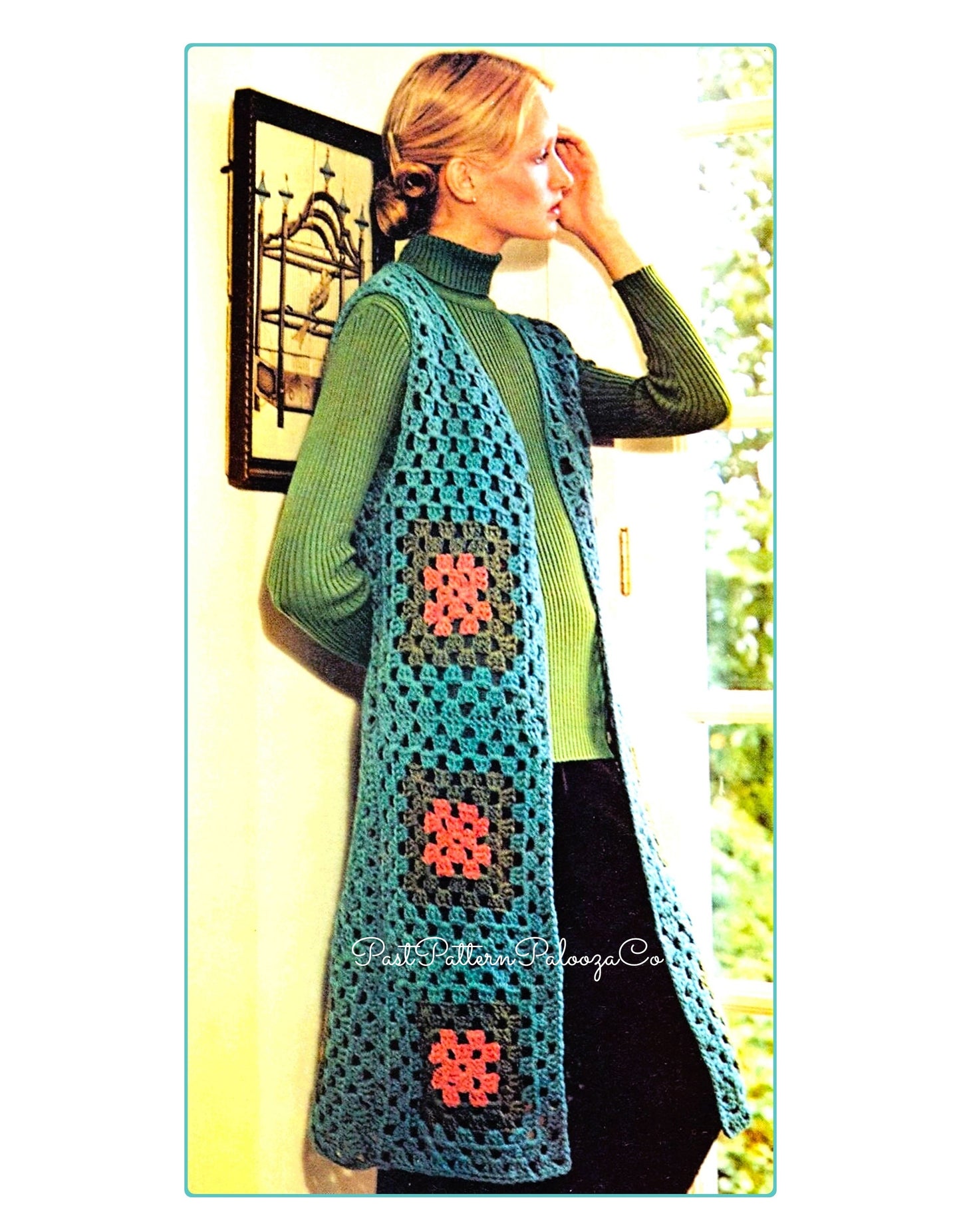 Vintage Crochet Pattern Womens Long Boho Granny Square Maxi Vest Duster Jacket PDF Instant Digital Download Groovy 70s Mod Flared Waistcoat